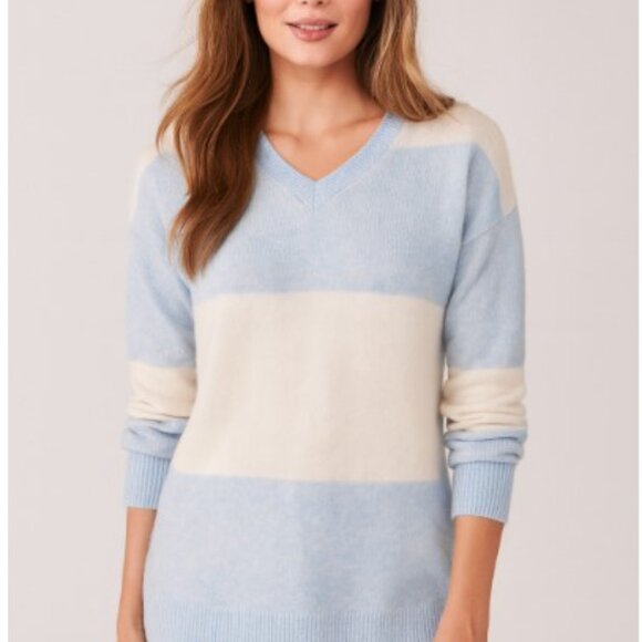 NWT Pure Amici Sweater 100% Cashmere Blue White Striped V Neck Size XL - Picture 1 of 6